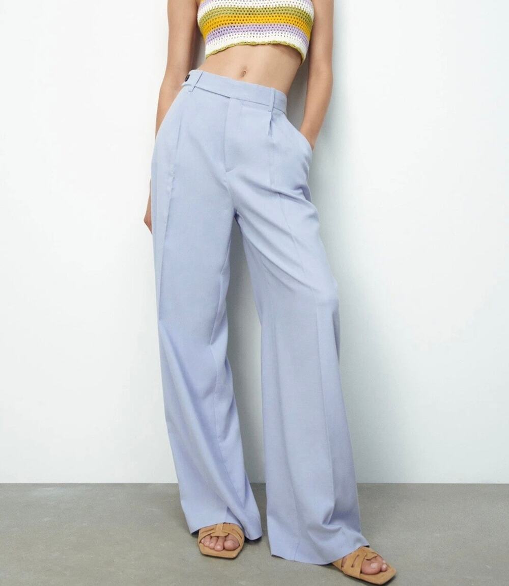 Zara High-Waisted Wide-Leg Pleated Trousers Baby Blue